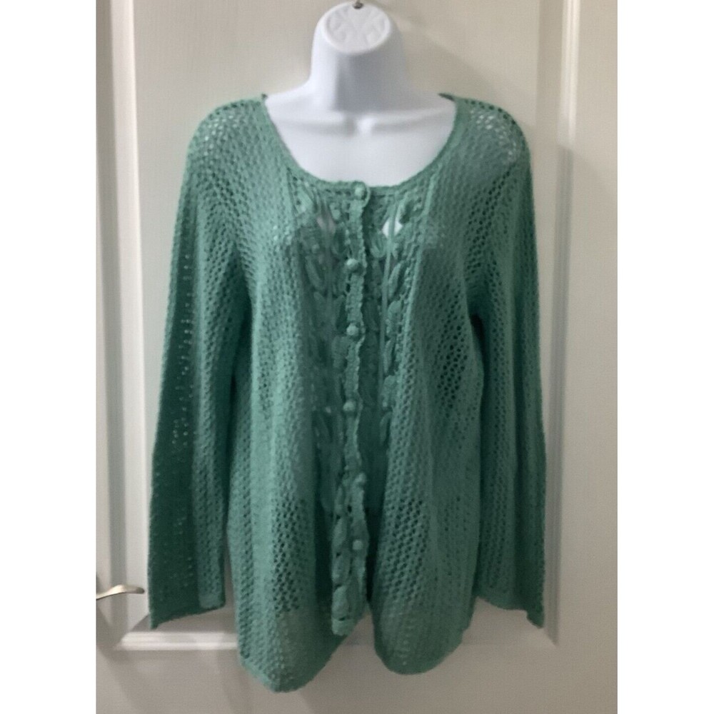 Emma James Cardigan 1X ** Sweater Crochet Linen Cotton Seafoam Green Cottage